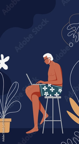 Fototapeta Senior man working remotely on laptop in a relaxed tropical setting Digital nomad lifestyle