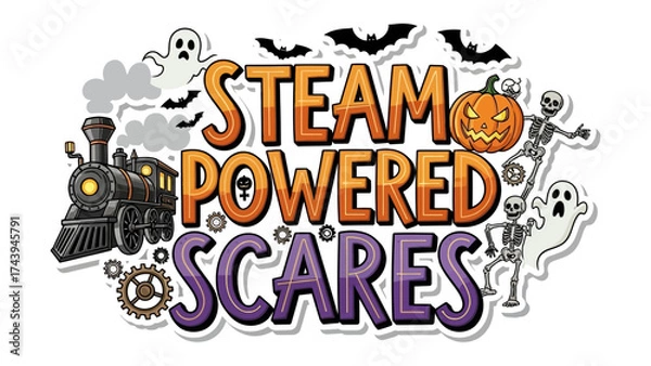 Fototapeta Steam Powered Scares: Whimsical illustration conjuring the spirit of Halloween, with a steam train, jack-o'-lanterns, spectral figures, and shadowy bats creating an atmosphere of spooky celebration.