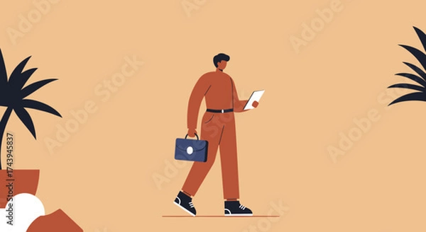 Fototapeta Professional person walking with briefcase and tablet engaging with digital content in a modern setting