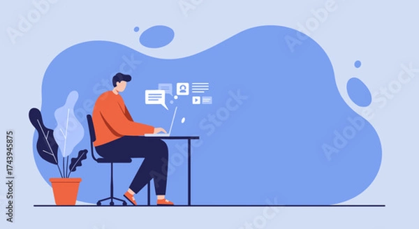 Fototapeta Man working on laptop engaged in online communication and networking Remote work digital business