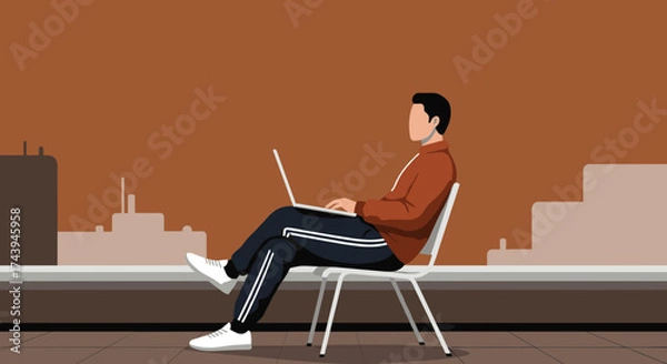 Fototapeta Man working on laptop in a casual setting with an urban background Remote work digital lifestyle