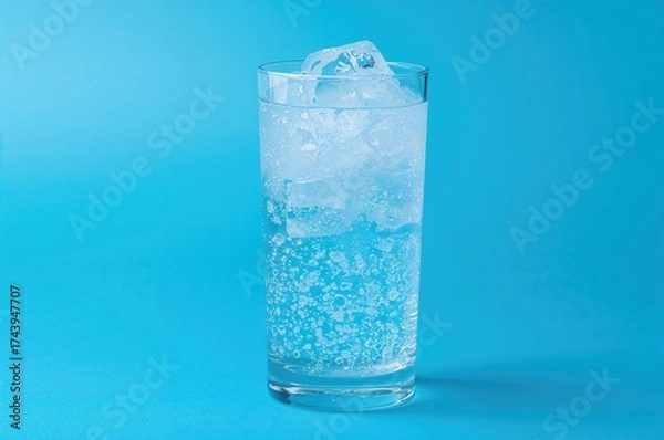 Fototapeta On a cobalt backdrop, a glass holds ice cubes and fizzy water, offering a revitalizing drink for warm weather