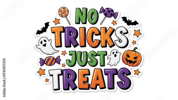 Obraz No Tricks Just Treats: A vibrant graphic, capturing the whimsical spirit of Halloween with a message of joy and indulgence, perfect for promoting festive fun and seasonal celebrations. 