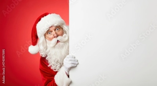 Fototapeta Santa Claus Peeking Behind a Blank White Sign on a Red Background