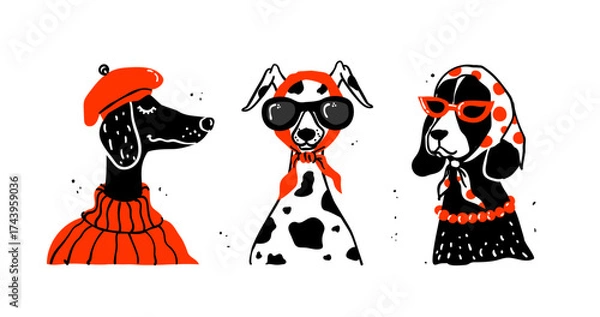 Fototapeta A hilarious and stylish set of vector illustrations featuring fashion-forward dogs in retro attire. These quirky, hand-drawn doodle characters perfect for trendy branding