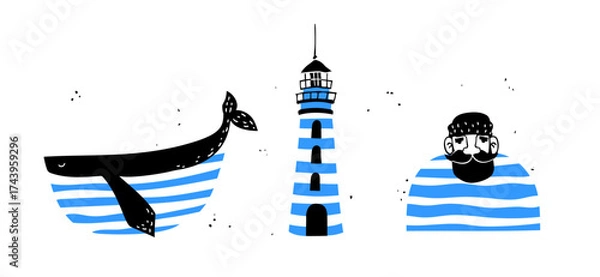 Fototapeta A fun and striking set of nautical vector illustrations featuring sea life and marine icons. This quirky hand-drawn art includes a stylized whale, a lighthouse, and a bearded sailor