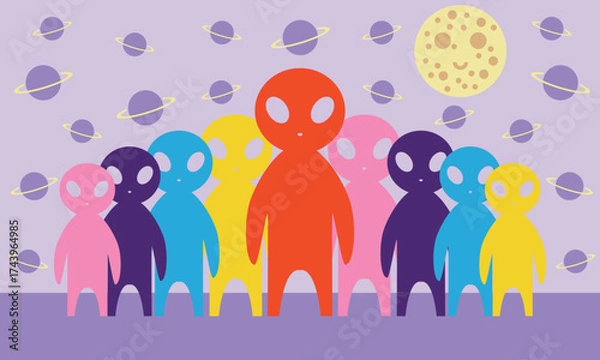 Fototapeta Gathering of Colorful Friendly Aliens Illustration, Cute Extraterrestrial Characters with Vibrant Colors and Fun Expressions