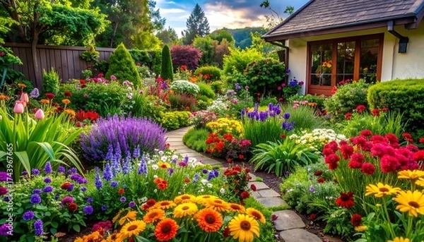 Fototapeta Beautiful Lush Garden With Colorful Flowers and Greenery.