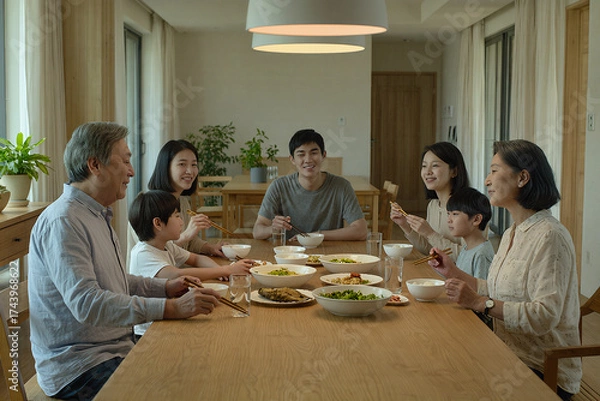 Obraz Happy family having dinner together at wooden dining table under warm lighting, realistic lifestyle scene