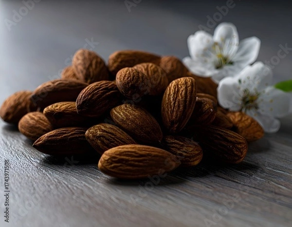 Fototapeta Close-up of almonds with white almond blossoms on rustic wooden surface, natural daylight and shallow depth of field. Perfect for organic food, nature, and healthy lifestyle concepts.