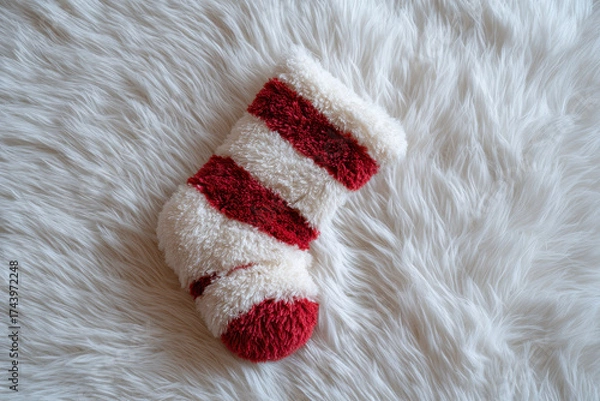 Fototapeta Soft sock striped cozy red white fuzzy winter festive warmth