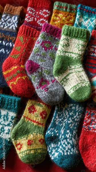 Fototapeta â€œknitted christmas socks advent calendar cozy craft detail with festive pattern and warm textureâ€