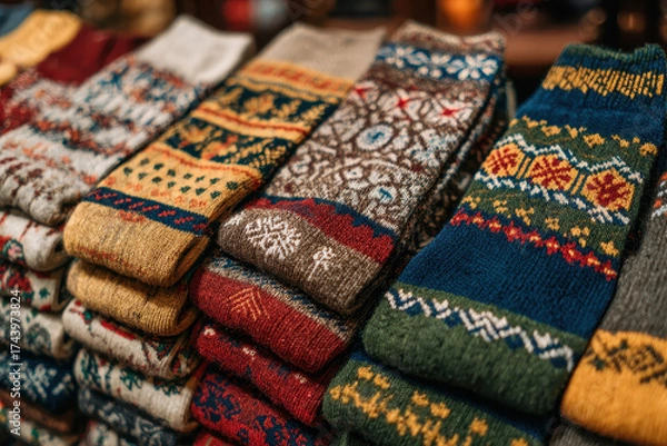 Fototapeta Knit wool sock pattern winter mood, cozy knit wool sock pattern for holiday season