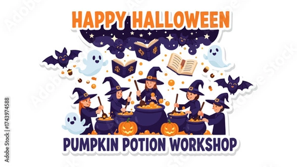 Fototapeta Happy Halloween: Spooky Pumpkin Potion Workshop. Witches conjure enchanting potions and magic spells, creating a thrilling scene for the festive celebration.