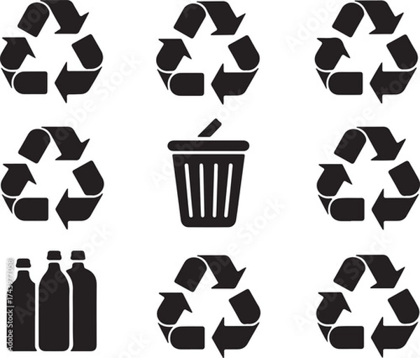 Obraz Recycle Icons Set Trash Bins Bottles Arrows Isolated on Transparency