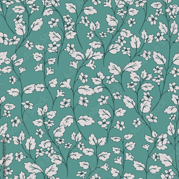 Fototapeta Seamless vector pattern with delicate white flowers and leaves on a teal background. Elegant botanical design for textiles, wallpapers, wrapping, and spring decor