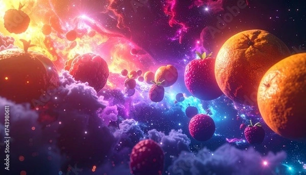 Fototapeta Vibrant surreal artwork of fruits floating through colorful cosmic clouds and galaxies, blending fantasy, nature, and space in a vivid dreamlike composition.