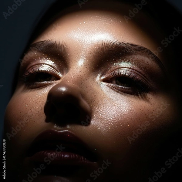 Obraz Beauty Macro Shot of Female Face with Shimmering Eyeshadow and Glossy Lips Under Studio Light