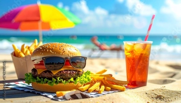 Fototapeta Funny concept of a cheeseburger wearing sunglasses on a sunny beach with fries and iced tea, representing summer fun, vacation mood, and creative food art.