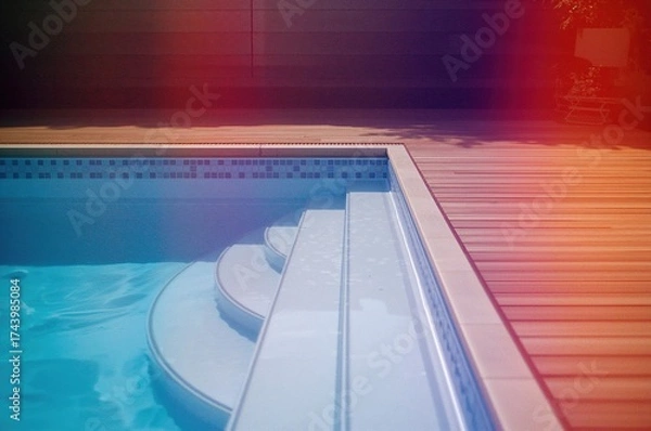 Fototapeta Deck and stairway leading into a swimming pool