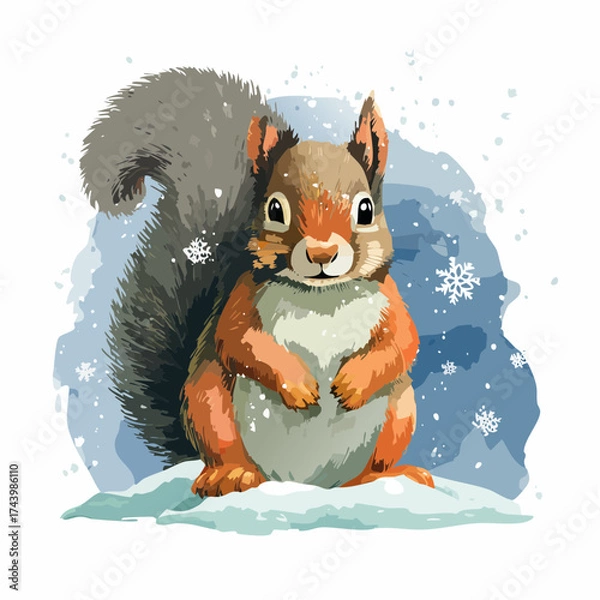 Fototapeta Ein Eichhörnchen-Jungtier sitzt auf einem schneebedeckten Ast