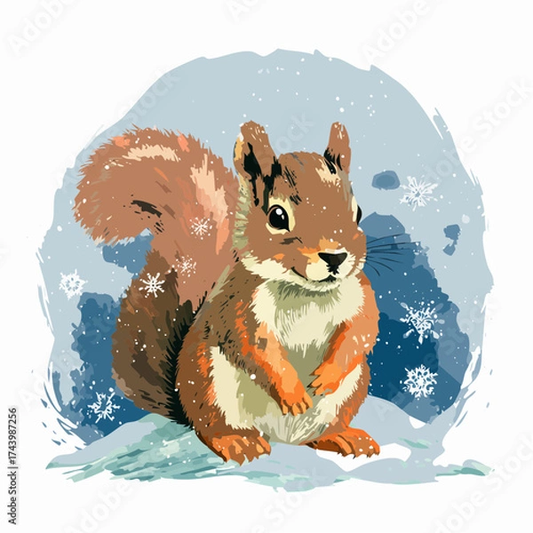 Fototapeta Ein Eichhörnchen-Jungtier sitzt auf einem schneebedeckten Ast