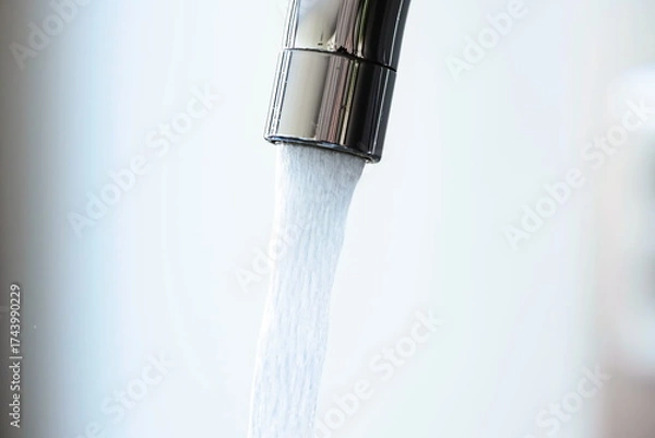 Fototapeta Pouring, flowing water, streaming out of  chrome faucet aerator. Macro, close up shot, shallow depth of field, no people