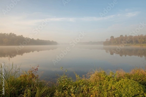 Obraz Peaceful scenery featuring a calm lake enveloped in morning fog
