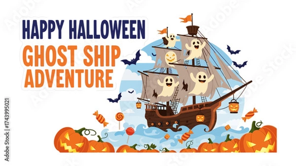 Fototapeta Ghost Ship Halloween Adventure: A whimsical illustration showcasing a spectral galleon sailing through a Halloween night scene, adorned with ghostly figures, playful pumpkins, and festive sweets.