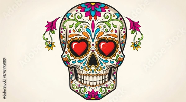 Obraz A vibrant, ornate sugar skull adorned with colorful floral patterns, heart-shaped eyes, and decorative flourishes, symbolizing Day of the Dead traditions.