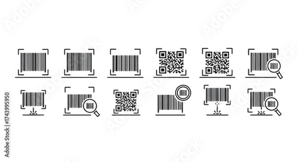 Obraz Collection of barcode and qr code icons representing scanning and data technology vector