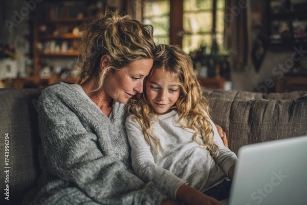 Fototapeta Mother and daughter connecting on the couch studying together on a laptop and enjoying family time