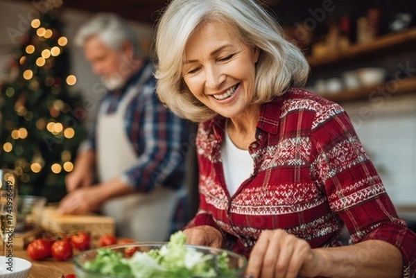 Fototapeta Joyful older woman preparing a salad for a Christmas celebration at home with an adult man in the background