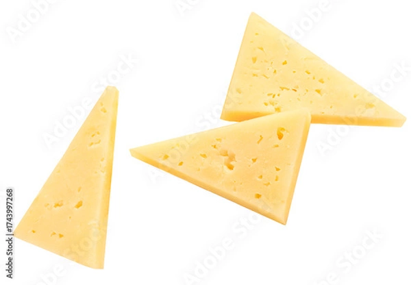Fototapeta Flying Emmental cheese  triangle  isolated on white background. Levitating  maasdam cheese piece. Top view. Flat lay 