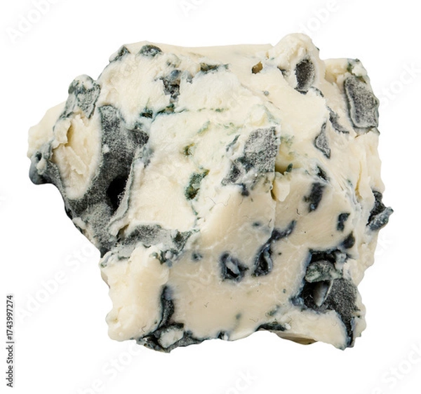 Fototapeta Blue cheese  isolated on white background. Mold cheese with spores macro. Flying  gorgonzola cheese top view, flat lay