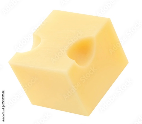 Fototapeta Flying Emmental cheese   cube isolated on white background. Levitating  maasdam cheese piece. Top view. Flat lay 