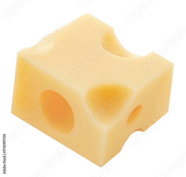 Fototapeta Flying Emmental cheese   cube isolated on white background. Levitating  maasdam cheese piece. Top view. Flat lay 