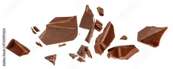 Fototapeta Broken chocolate bar pieces isolated on white. High-Quality Chocolate chunks with  crumbs Top view. Flat lay. Pattern