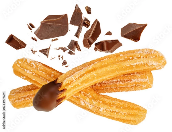 Fototapeta Churros isolated. Fried Churro with melting chocolate dip sauce on white background. Churro pastry with chocolate crumbs and pieces  top view. Flat lay