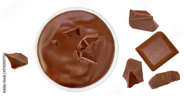 Fototapeta Chocolate cream in bowl isolated on white background.   High-Quality Melted chocolate and chocolate bar pieces top view.  Chocolate spread Flat lay