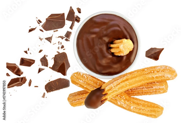 Fototapeta Churros isolated. Fried Churro with melting chocolate dip sauce on white background. Churro pastry with choco crumbs and pieces  top view. Flat lay