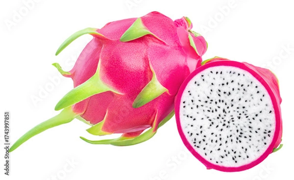 Fototapeta Isolated Dragon fruit. Tropical Pitahya on white background. Fresh  flying Pitaya fruit  top view, flat lay