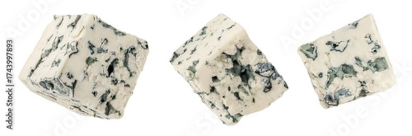 Fototapeta Blue cheese  isolated on white background. Mold cheese with spores  falling in the air. Flying  green cheese collection . Pattern