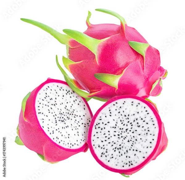 Fototapeta Isolated Dragon fruit. Tropical Pitahya on white background. Organic  flying Pitaya fruit  top view, flat lay