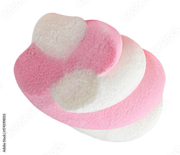 Fototapeta Flying one Marshmallow candy isolated on white. High-Quality Levitating Marshmallow. Twisted colorful marshmallow Top view. Flat lay. 