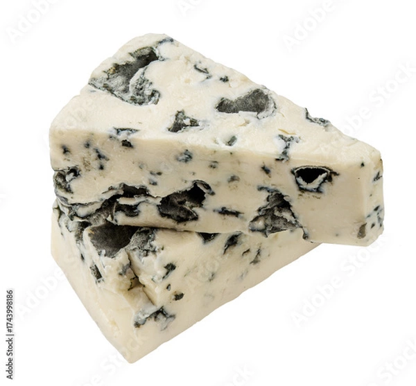 Fototapeta Blue cheese  isolated on white background. Mold cheese with spores macro. Flying  gorgonzola cheese top view, flat lay