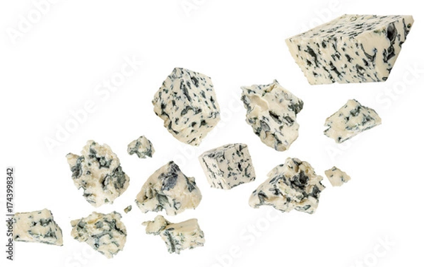 Fototapeta Levitating Blue cheese  isolated on white background. Mold cheese with spores  falling in the air. Flying  cheese Explotion. Pattern