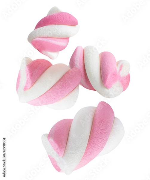 Fototapeta Flying Marshmallow candies isolated on white. High-Quality Levitating Marshmallows. Twisted colorful marshmallow Explosion. Top view. Flat lay. 