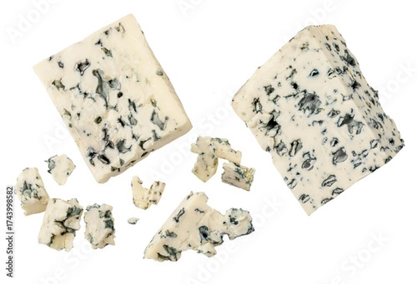 Fototapeta Levitating Blue cheese  isolated on white background. Mold cheese with spores  falling in the air. Flying  cheese with crumbs. Explotion. Pattern
