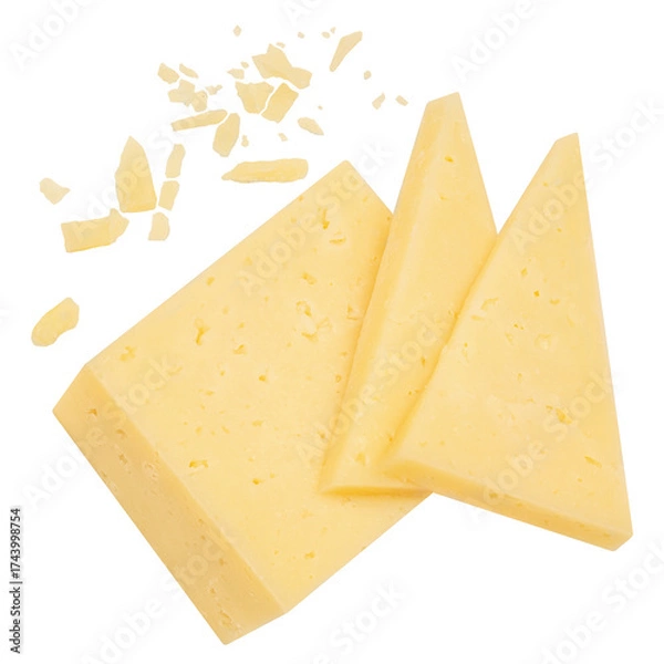 Fototapeta Flying Emmental cheese  triangle  isolated on white background. Levitating  maasdam cheese piece with crumbs. Top view. Flat lay 